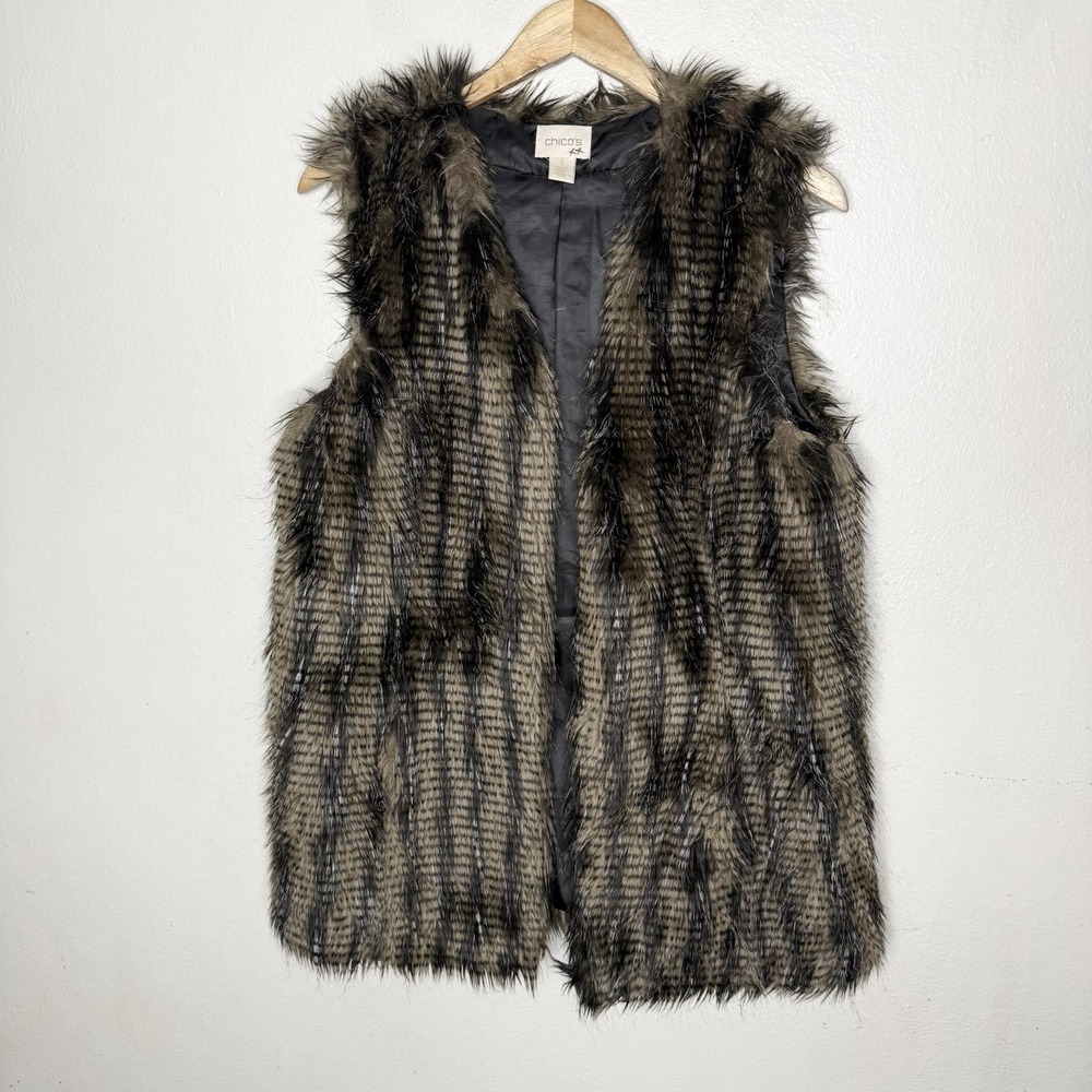 Chicos Faux Fur Open Front Brown Black Vest Size 1‎ Womens US Medium